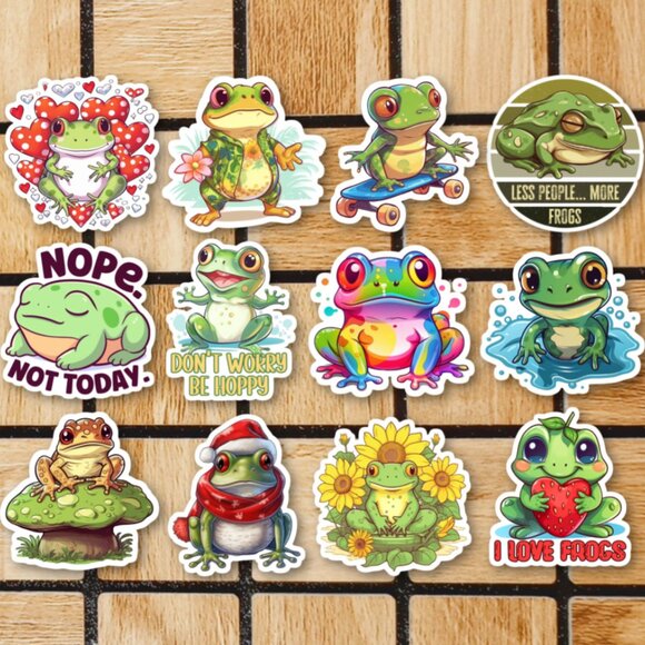 Frog Sticker Pack of 12 Vinyl Stickers - Waterproof Die Cut Sticker Set Frogs - Picture 1 of 4